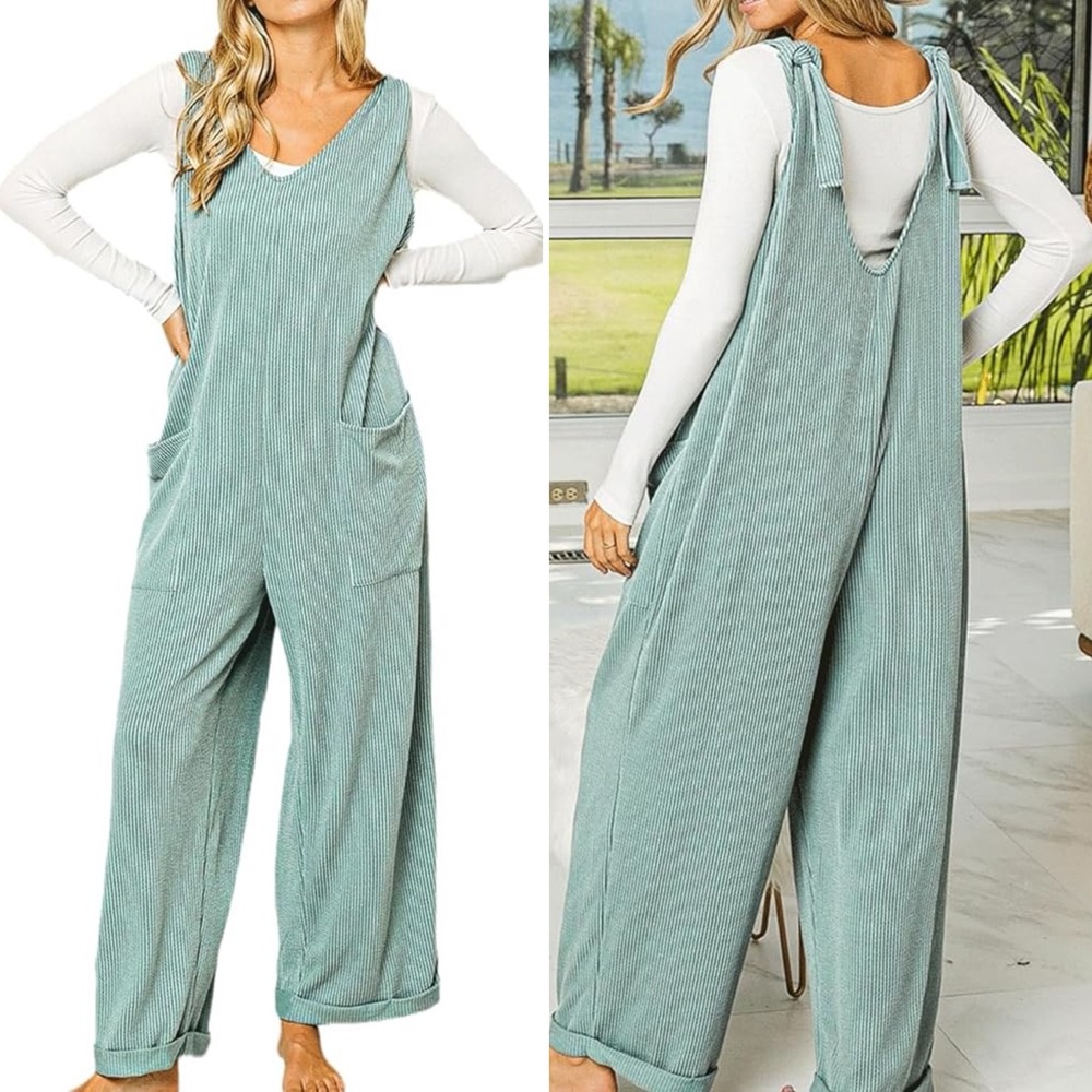 Ribbed Corduroy Wide Leg Jumpsuit Romper V Neck Sleeveless Overalls w/ Pockets